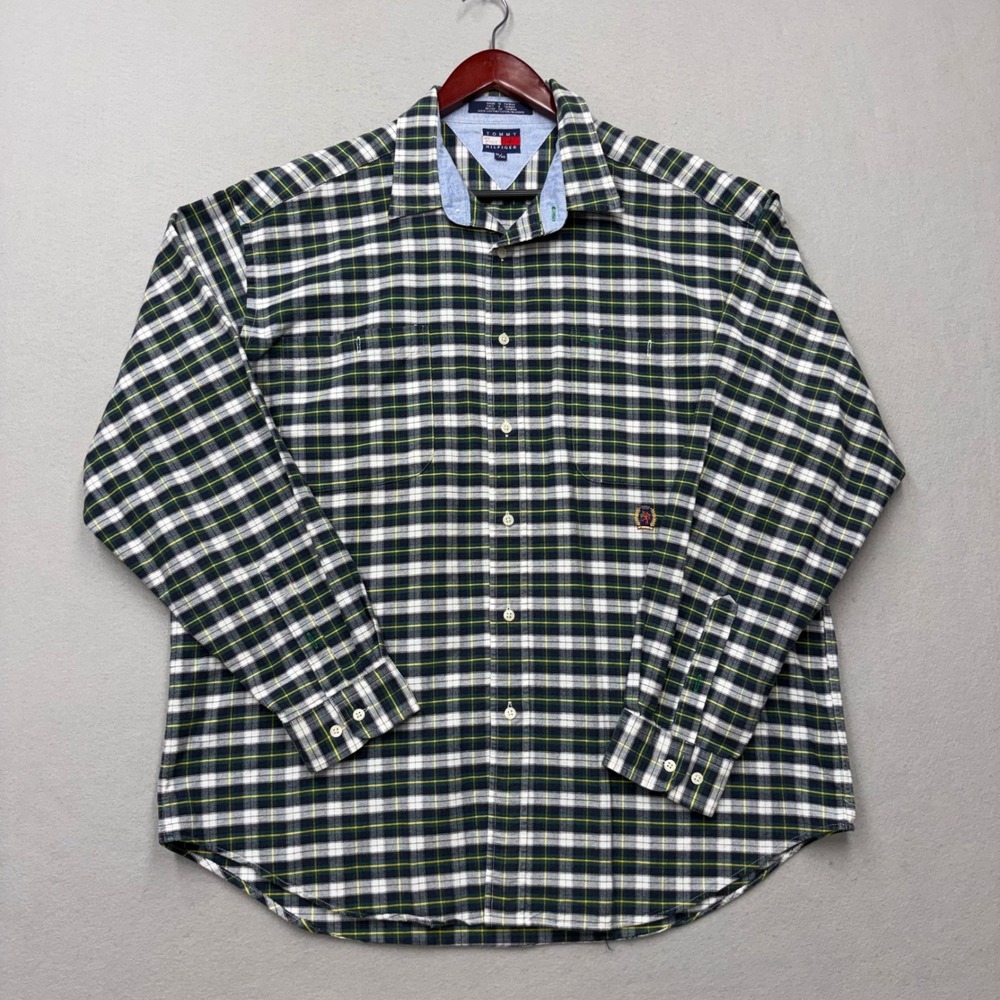 Tommy Hilfiger Button Down Shirt Mens XL Green Plaid Vintage 90s Crest Logo